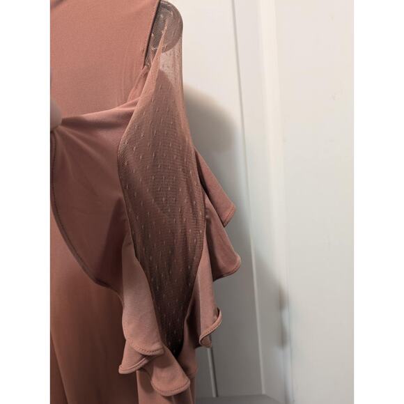 New! Express Ruffle Flutter Sheer Bodycon Vneck Mini Dress Rose Brown Size M - Picture 5 of 11